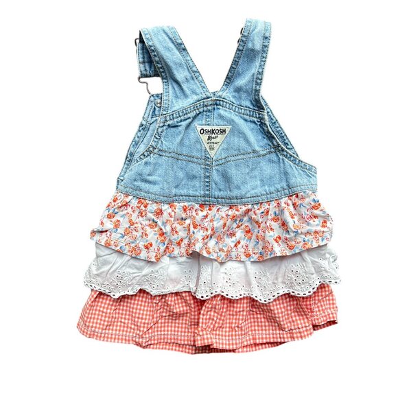 Vtg OshKosh B’gosh Baby Dress • 12M • Denim Overall Top w/ Tiered Floral Eyelet - Picture 2 of 6